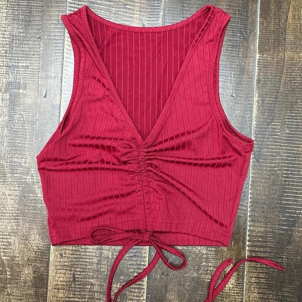 Women's Wine Red Crop Top with Ruching and Tie Detail Summer Top
